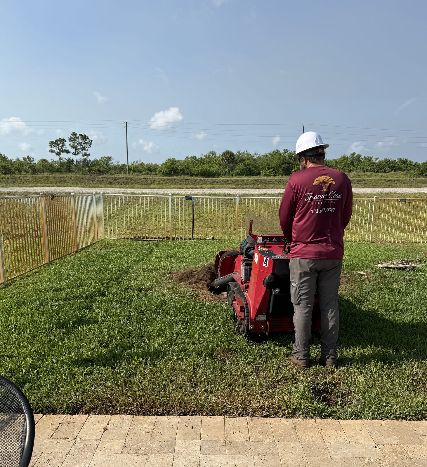 Professional stump grinder working on a tree stump